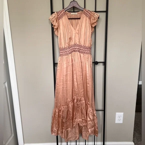 NWOT Ulla Johnson Peach Satin Embroidered Waist Midi Dress Sz 0 - Picture 10 of 10
